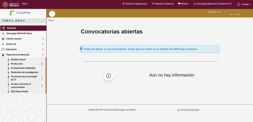 Actualización o creación del perfil Rizoma (SECIHTI) para el ingreso, permanencia o promoción en el SNII